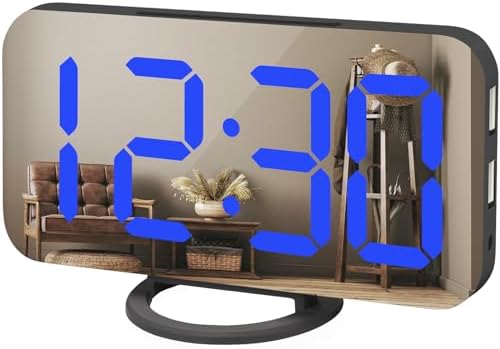 WulaWindy Digital Alarm Clock, Large Mirrored LED Display, with USB Charger, Snooze Function Dim Mode Wall Hanging Beside Desk Clock for Bedroom