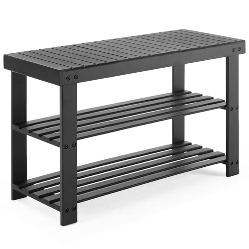 Sweetcrispy 3-Tier Shoe Rack Bench, Bamboo Entryway Storage Organizer, Shoes Stand for FrontDoor Entrance, Bedroom, Living Room, 286lb Capacity, 11.3 x 27.6 x 17.8 Inches, Pitch-Black