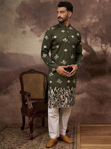 Image of Men's Calf Length Silk Blend Embroidered Solid Kurtas | Men | Kurtas for Mens | Straight Fit Kurta for Men's