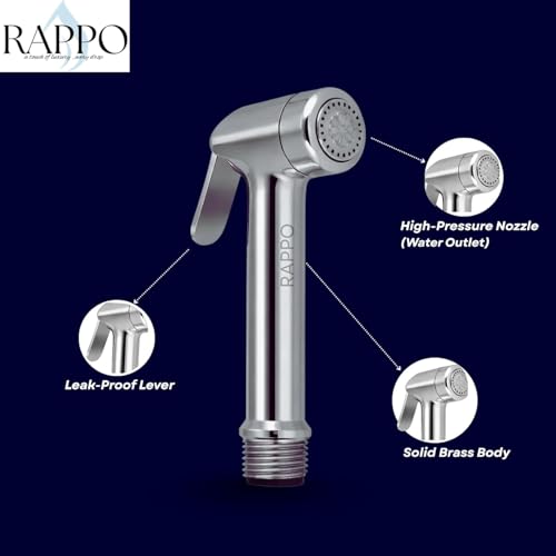 Image of RAPPO Solid Brass Health Faucet with Flexible Hose and Wall Hook Chrome Finish Handheld Jet Spray for Toilet Bathroom Accessory Durable Easy Install Utility Set (Mahindra with Hose and Hook)