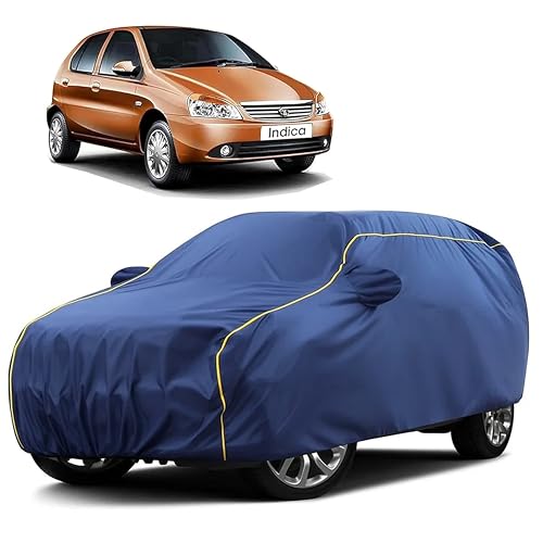 Image of Sulfar 100% Water Resistant Car Body Cover Compatible with Mirror for Tata Indica (Triple Stitched, Full Bottom Elastic, Blue Taffeta with Yellow Piping)