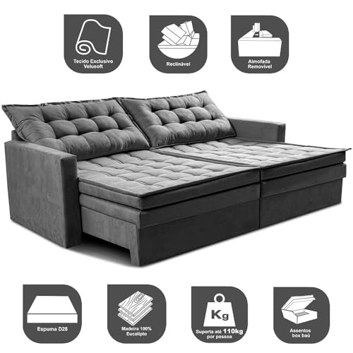 Sofá Sem Caixa Retrátil Baú 1,80m Cama Inbox Secret Suede Velusoft Cinza