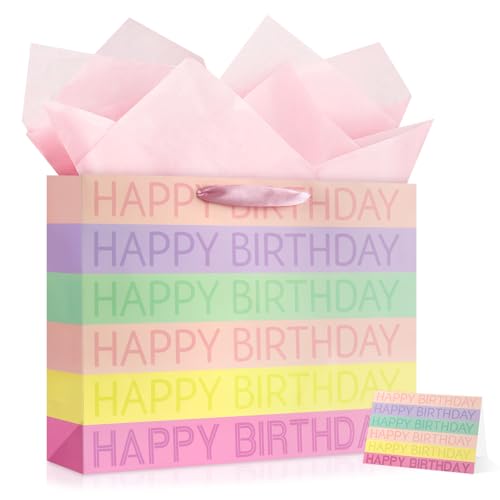 Image of JMANNI Large Happy Birthday Gift Bag with Tissue Papers and Greeting Card, Portable Paper Gift Bags with Handles, Present Bags for Women Girls Birthday Party Supplies 13 inch x 10.2 inch x 4.7 inch(Colorful)