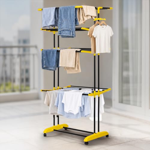 Image of BonKaso AirFold Max 4-Tier Double Pole Foldable Clothes Drying Stand, Portable Heavy Duty Alloy Steel Laundry Rack with 360 Wheels and 8 Hanger Slots, for Indoor and Outdoor Use, Black & Yellow