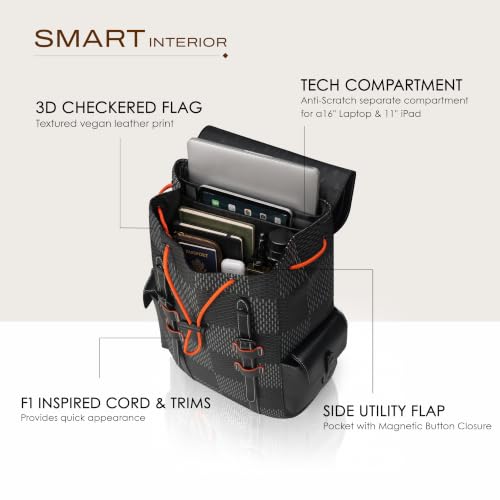 Image of RARE RABBIT AUTUN Structured Vegan Leather Backpack, 3D Checkered Flag Print, 13.35L (Black)