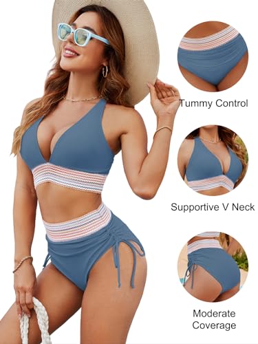 Image of Blooming Jelly Women High Waisted Bikini Sets Tummy Control Swimsuits Color Block Two Piece Drawstring Bathing Suit