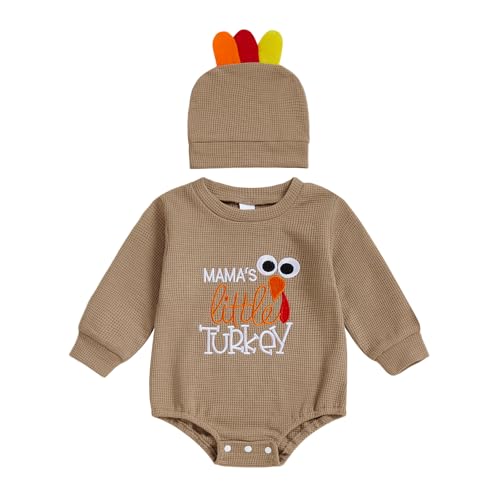 Lamuusaa Newborn Baby Boy Thanksgiving Outfit Mama's Little Turkey Romper Long Sleeve Bodysuit Hat Fall Clothes 0-24M