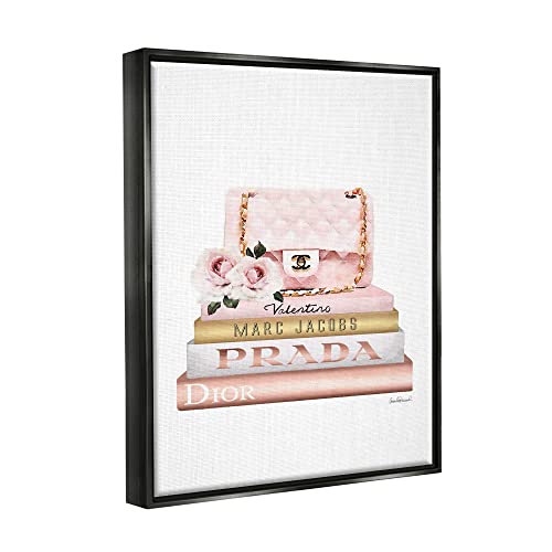 Image of Stupell Industries 'Pink Purse Gold Bookstack'| Floating Frame Canvas Art | Stupell Industries | Black, 17 x 21 Inches, Easy to Hang and Sturdy, Made in USA, by Amanda Greenwood