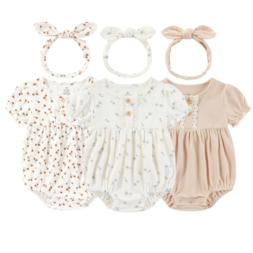 Image of Ruliby Baby Girl Outfit Cotton Bubble Romper Floral Dress Infant Girls Clothes 3-pack