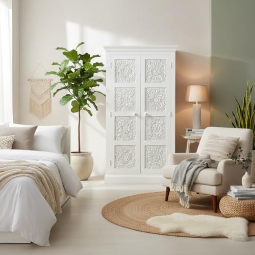 Image of APRODZ Floreale Mango Wood Wardrobe for Bedroom 2-Door Modular Wooden Almirah for Storage /Space Saving Storage Organizer Rack Clothes Cupboard for Bedroom (White Finish)
