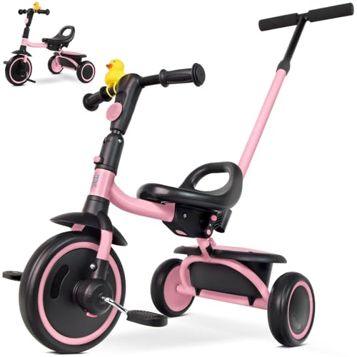 RIDYEE Tricycle for Toddlers 18 Months to 5 Years with Removable Push Handle, Tricycles for 3-5 Year Olds Ideal for On-The-Go Families, Adjustable Carry-Friendly Seat, Pink