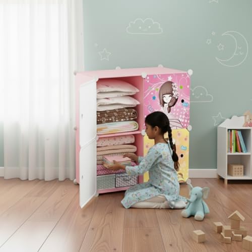 Image of KRISHYAM Kids Modular Storage Cabinet with Cartoon Princess Print Doors, 4 Cube Plastic Wardrobe Organizer, DIY Closet System with Hanging Rod, Toy & Clothes Storage (4 Box)