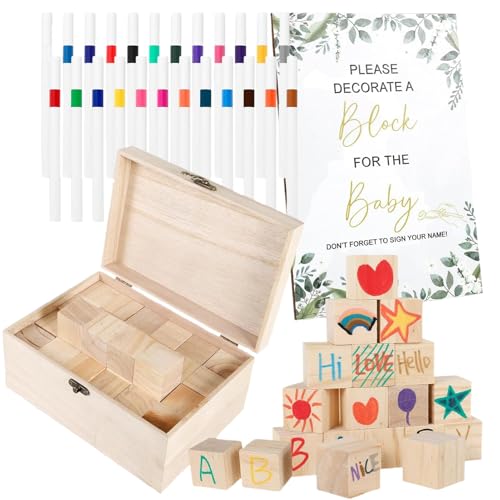 Blocs en bois naturel pour baby shower et livre d'or créatif avec 24 marqueurs