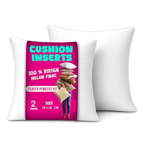 Luxury Hollowfibre Pack of 2 Cushion Pads Inners Inserts 18x18 inches (45 x 45 cm) - White Square Cushion Fillers with Anti Dust Mite Down Proof Cover & Soft Polyester Filling for Sofa, Bed & Couch