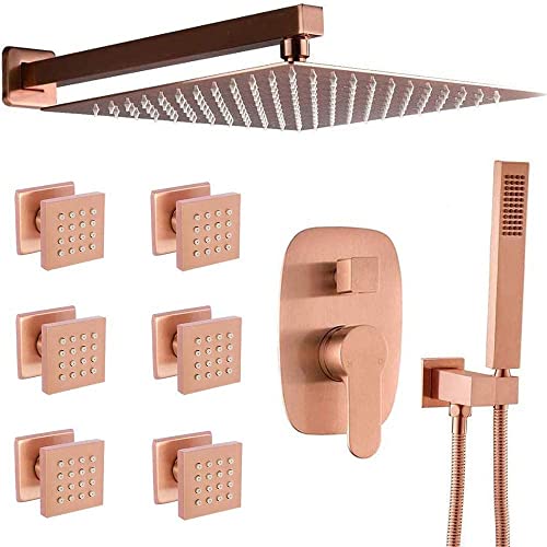 Système de douche de tête carrée 30cm avec hydrojets encastrés et mitigeur or rose brossé