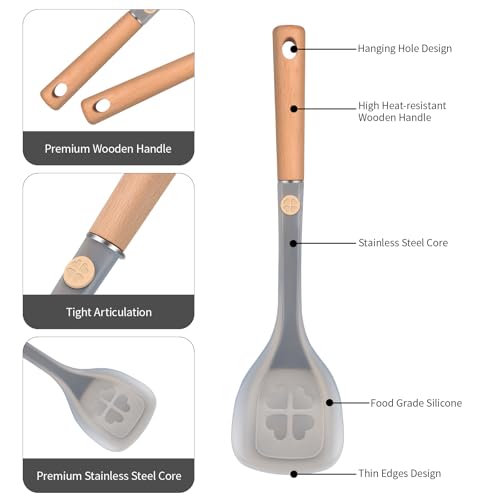 Spatola in silicone, spatole per uso alimentare con anima in acciaio inossidabile, tornitore ad alta resistenza al calore con manico in legno, utensili da cucina senza BPA, spatole per pancake, uova - immagine 4