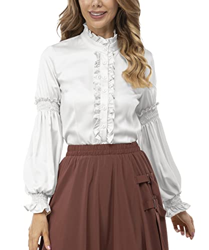 Womens Vintage Victorian Shirts Renaissance Medieval Long Sleeve Stand Collar Blouse Lotus Ruffled Tops4