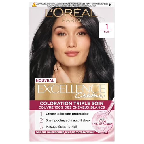L’ORÉAL PARIS - Coloration Cheveux Permanente Triple Soin - Couvre 100% des Cheveux Blancs - Excellence Crème - Nuance : Noir (1)