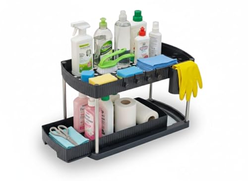 Image of HomeWiz Sink Organizer 2-Tier | Under Sink Storage Organizer | Kitchen Cabinet Organiser | Multipurpose For Kitchen & Bathroom | Plastic & Steel Frame | Space-Saving Storage Rack | 44x32x22 cm | Black