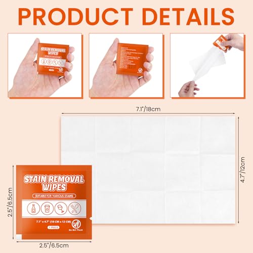 Image of Stain Remover Wet Wipes Bulk, Individual Wrapped Clothes Portable Travel Messy Eater Cleaning Laundry Stain Removal Wipes Pocket Size for Clothing Fabric /Shoes /Wine /Fast Food 7.1 x 4.7 Inch(Orange 50)