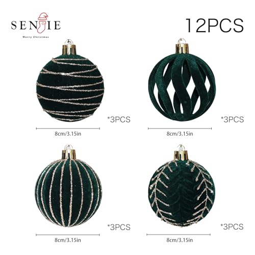 Image of 3.15INCH Green Velvet Ornaments for Christmas Tree, 12PCS Glitter Flocked Christmas Ornaments Decorations Balls Set Decor