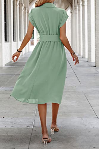Image of ECOWISH Womens Casual Midi Dresses Solid V Neck Short Sleeve Button Shirt Belted Dress with Pockets for Spring Summer 2026