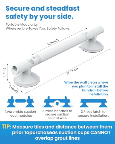 Grab Bars for Bathtubs and Showers, 2 Pack 17.7 inch Shower Handles for Elderly, 3mm Thickened TPE Material Strong Suction Cup, Shower Handicap Grab Bars for Seniors Bathroom Bath Tub Toilet - White
