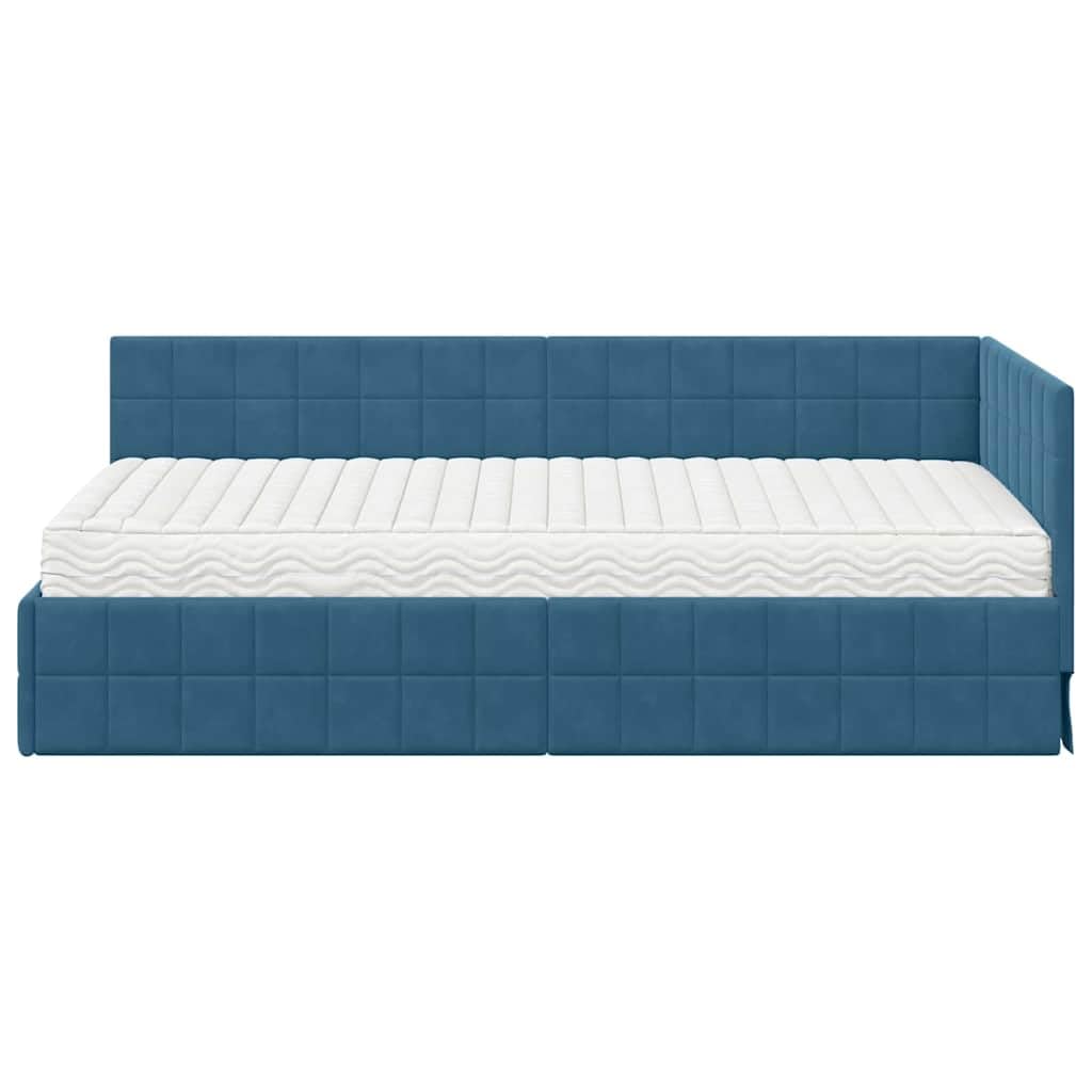 Struttura letto angolare con materasso 2 pezzi blu velluto design moderno comfort robusto telaio in compensato per camera da letto ospiti cameretta salvaspazio supporto stabile