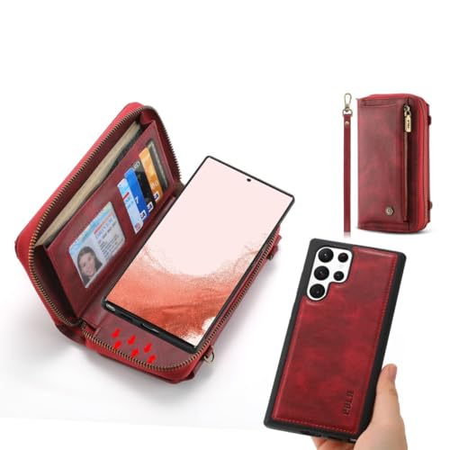 Étui en cuir iPhone et Samsung Galaxy S22 rouge double portefeuille à rabat