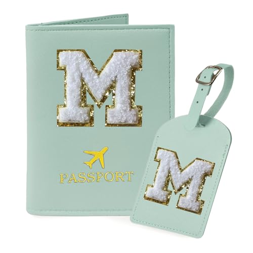 COSHAYSOO Green Initial Passport Cover Holder and Luggage Tag Set TSA Approved with Alphabet Chenille Letter Patch for Women Teenager Girls, PU Leather Traveling Bag Suitcase Identifier (M)