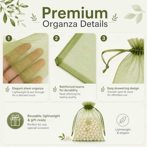 Image of Hopttreely 50PCS Olive Green Organza Bags 4x6 Inch, Multi-Purpose Mesh Drawstring Gift & Fruit Protection Bags for Wedding Favors, Jewelry, Christmas, Sachet, Easter, St. Patrick's Day, Party Supplies, Garden Plant Netting