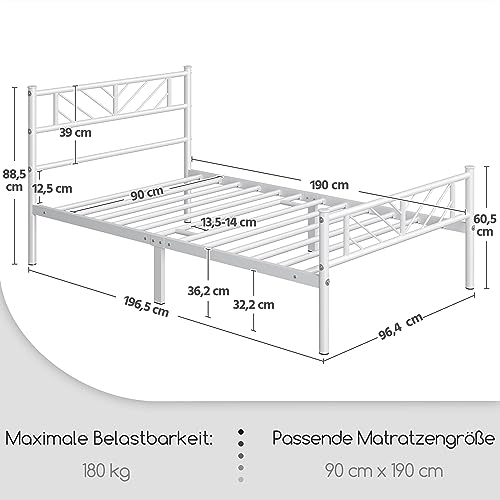 Yaheetech Metallbett 90 x 190 cm Minimalistischer Bettrahmen mit Kopfteil Gästebett mit Lattenrost für Schlafzimmer Gästezimmer 32cm Höhe unter dem Bett Weiß