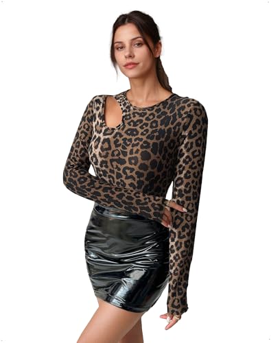 EMOTTOS Tops Y2K para Mujer, Sexy con Estampado de Leopardo, Manga Larga, Corte Ajustado, Cuello Redondo, Camiseta elástica Adelgazante, Camiseta para Fiestas y Festivales, Tallas M, marrón