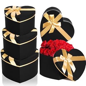 Black 4 Pcs Valentines Heart Shaped Gift Box with Lid for Flower Arrangement Large Present Gift Box for Valentine’s Day Wedding Birthday Anniversary Party (Classic)