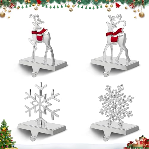 4 Pack Christmas Snowflake Stocking Holders for Mantle, Reindeer Silver Metal Stocking Hanger Stand 3D Red Sturdy Stocking Hook with Non Slip Base for Fireplace Counter Window Decoration