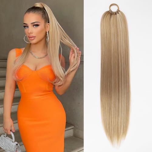 Ponytail Hair Extension For Women Long Braided Ponytail With Hair Tie Straight Wrap Around Braided Hair Extension Synthetic Hair Ponytail Extension 26inch(Golden Blonde Highlights)