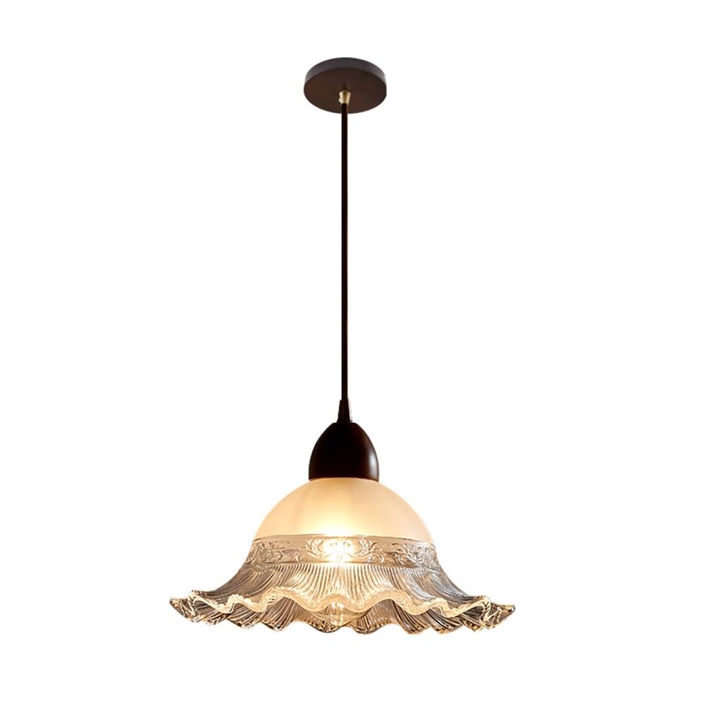 ITOSUI French Retro 11.8-Inch Pleated Ribbed Glass Pendant Light Dark Wood Trim Floral Engraved Shade for Dining Room Bedside Kitchen Island Study E26 59.1" Adjustable Cord