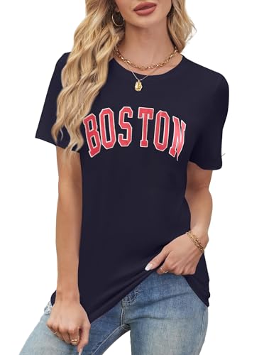 Avanova Women Boston Graphic Short Sleeve T-Shirt Crew Neck Casual Summer Tee Top Navy Boston Medium