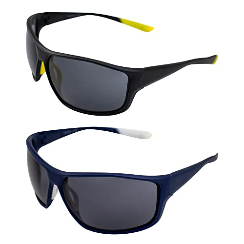 AlterImage Stream Wraparound Sports & Motorcycle Retro Sunglasses for Men or Women 2 Pair Black & Blue Frames w/Rubber Tips & Nose Pads Smoke Lenses