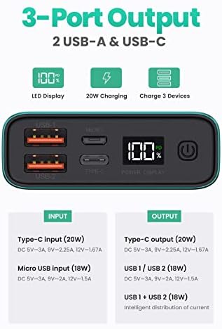 TOPK Power Bank 20W PD3.0 USB C Fast Charging 20000mAh Portable Charger 3A Quick Charge Type C Inputs/Outputs With Digital Display PowerBank [2022 Version]