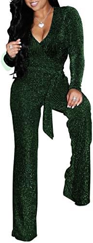 Sparkly Jumpsuits for Women Elegant Night Sexy Plus Size Long Sleeve Clubwear Party Casual Rompers Wide Leg Pants