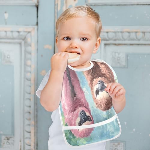 MCHIVER Hanging Sloth Green Baby Bibs for tag1 Waterproof Feeding Bib Apron with Food Cather Adjustable Cotton Food Eating Bib 2 Pack4