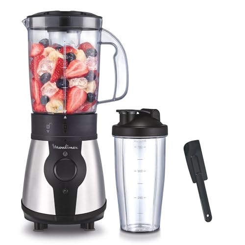 Moulinex Blend & Go, Batidora de vaso + Espátula, 1,3 L, 300 W, Compacta, Incluye botella para llevar 750 ml, Piezas aptas para lavavajillas Batidora de vaso + Espátula LM1B1DES