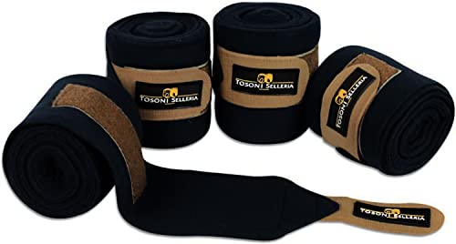 Horses Fasce Pile Antipilling Tosoni Deluxe Velcro Oro, 4 pz. Nero, Fasce per la Protezione del Cavallo, per Favorire la Ripresa Dopo Gli Sforzi e Proteggerlo da Graffi e Urti