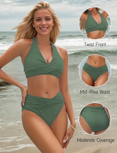 Image of Sopliagon Women's Bikini Sets Twist Front Two Piece Swimsuit Halter Bathing Suit