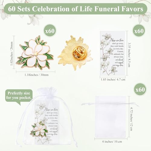 Sasylvia 60 Sets Funeral Pins Bulk Celebration of Life Funeral Favors Includes Lapel Pin Brooches Memorial Poem Cards Organza Bags Gifts Charms for Who Loss Loved One(Magnolia)2