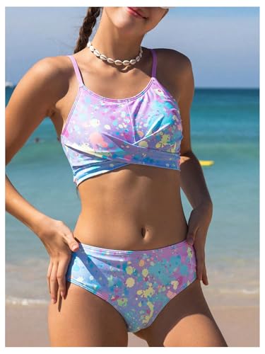 Image of OYOANGLE Girl's 2 Piece Swimwear Printed Twist Front Cut Out Spaghetti Strap Bikini Set