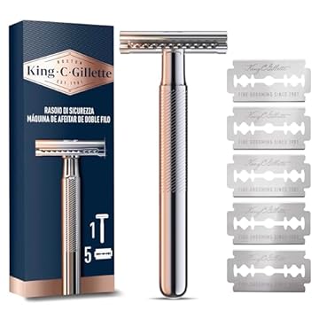 King C. Gillette RASOIO di Sicurezza, 1 Manico, 5 Lamette da Barba, in Acciaio Inossidabile, Lametta rivestita di Platino IDEA REGALO UOMO PER CURA DELLA BARBA