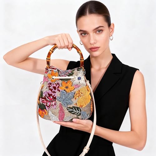 Image of Crossbody Bags for Women, Beach Bag, Hand Embroidered Tot Bag, Bamboo carry handle Bucket bag, Bohemian Handbags Suitable for Vacation Travel Daily Matching