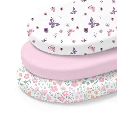 Image of Little Grape Land Bassinet Sheets 3 Pack, 33 inch x 18 inch Fitted Bassinet Sheets Up to 4 inch Deep Pocket, Ultra Soft Baby Bassinet Fitted Sheets for Bassinet Mattress, Butterfly Bloom